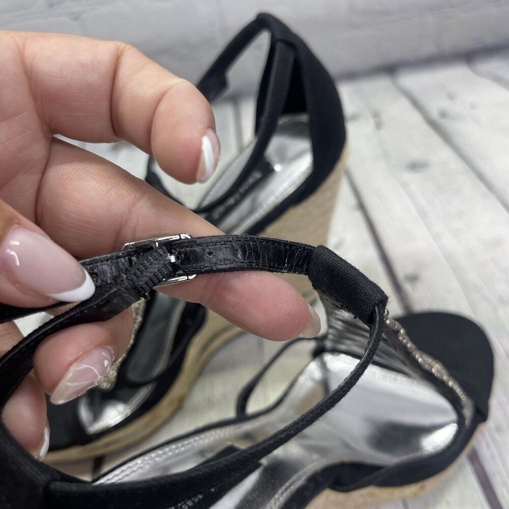 WHBM Black Wedges Rhinestone T Strap Women Size 7 Elegant Vacation Resort Chic - Picture 3 of 14